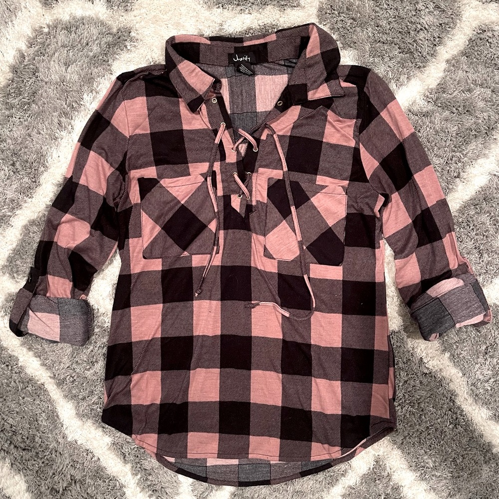 Pink and Black Plaid Cross-Tie Top
